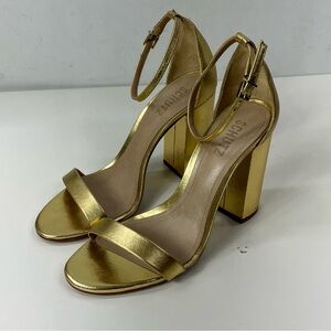 New SCHUTZ Cadey-Lee Metallic Gold Leather Ankle Strap Heeled Sandals Size 8.5
